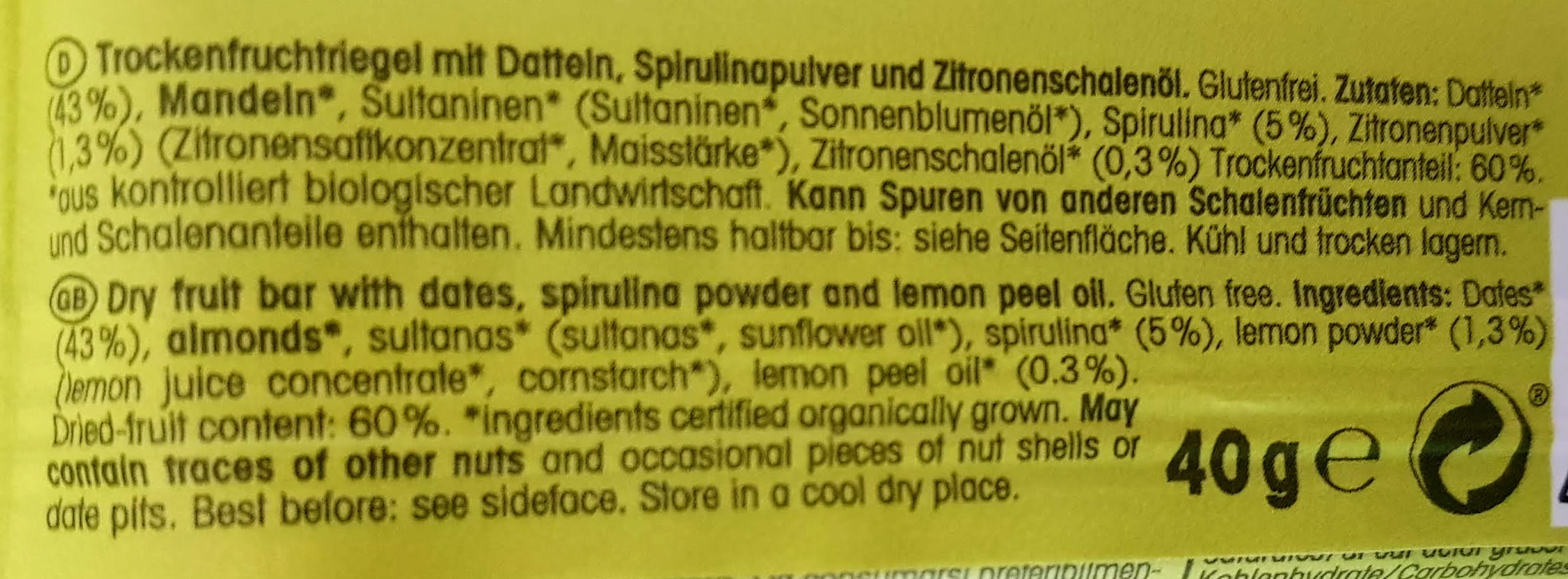 Fruchtriegel Frucht & Plus-Riegel Spirulina Zitrone